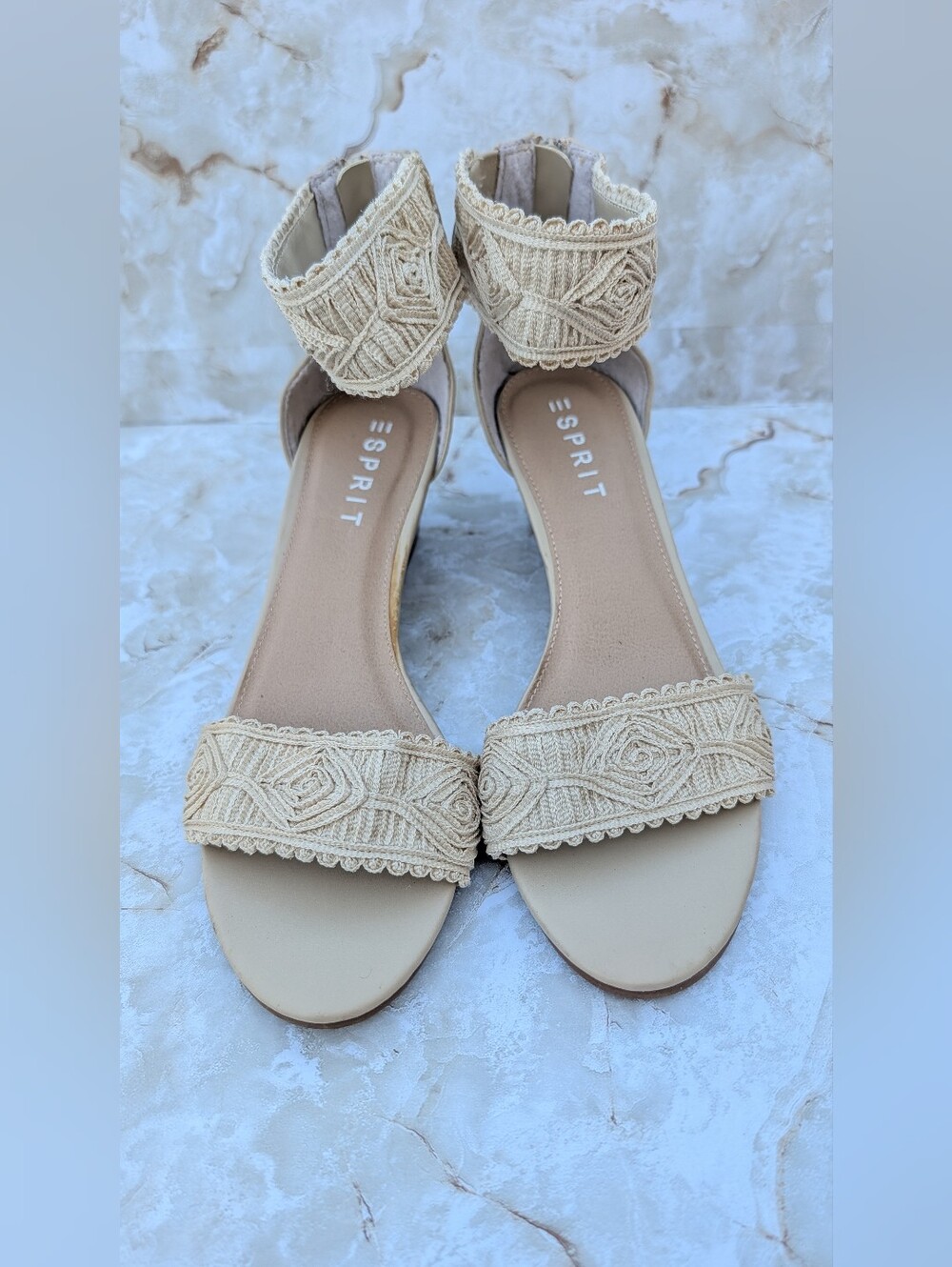 Esprit Cream Embroidered Ankle-Strap Sandals Sz 10 M.